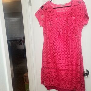 Red Crochet Lace Sheath Dress 2 Piece Set (Dress & Separate Slip) Size Medium